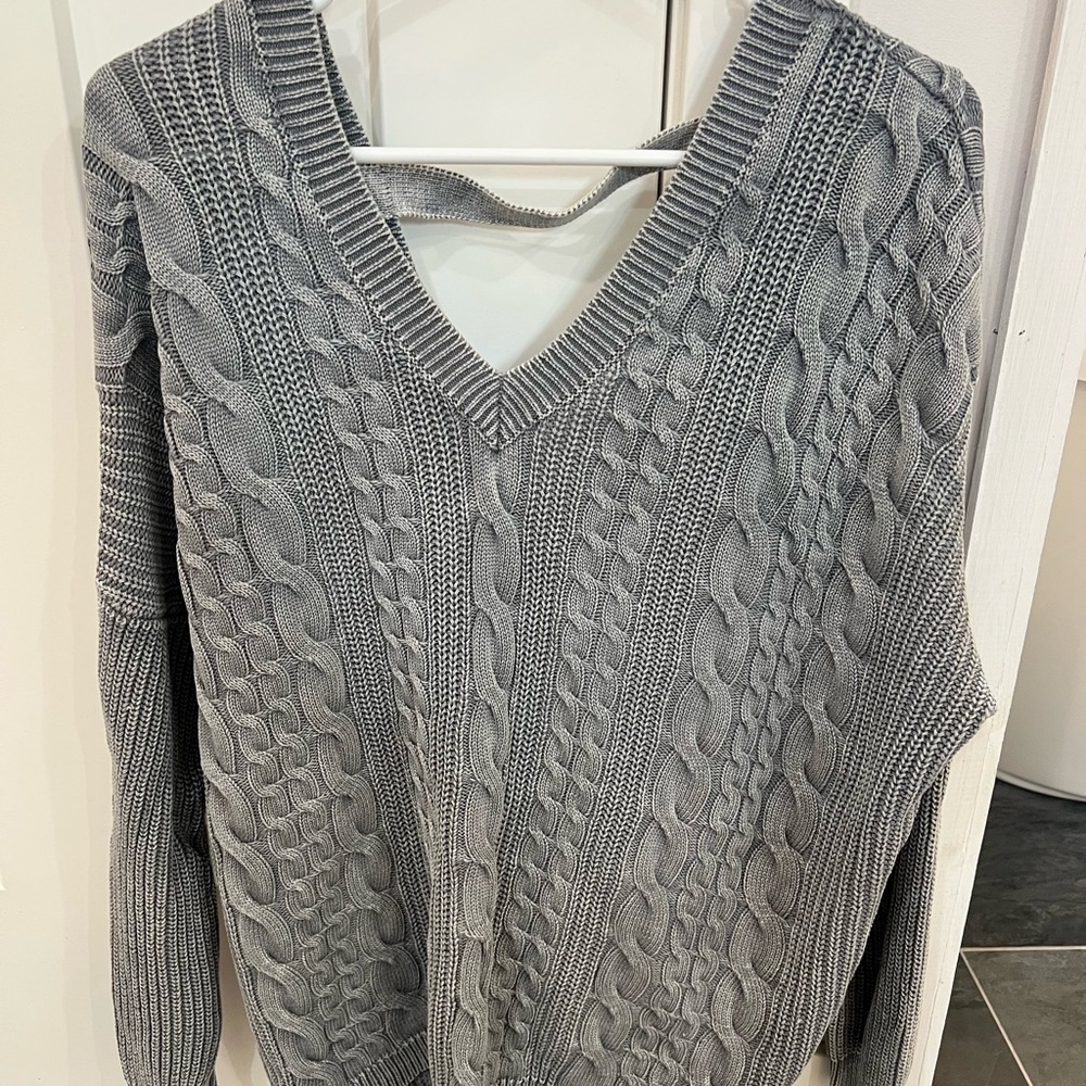 Gray Cable Knit V-Neck Sweater